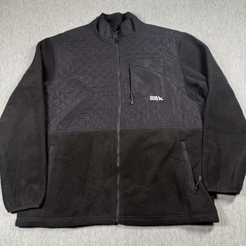 Eddie Bauer Jacket Mens XL Black Full Zip Quilted Fleece Mix Heavyweight Outdoor